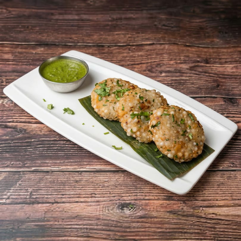Three Mauli sabudana vada, garnished with cilantro, served with green chutney on a white plate.