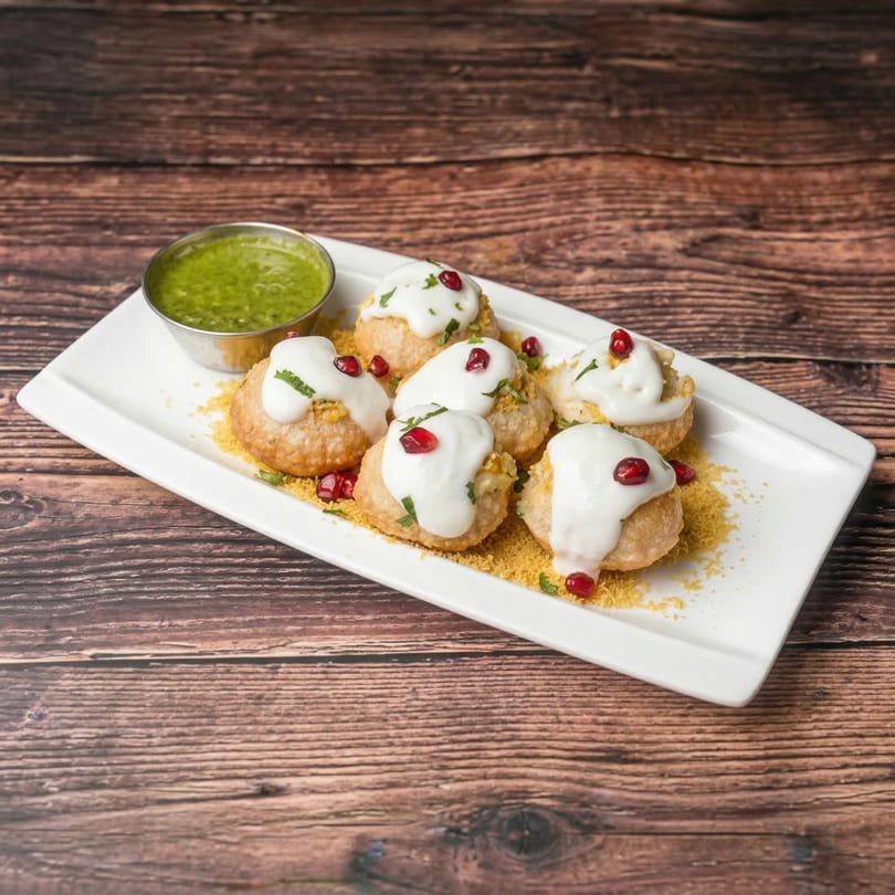 Six Mauli Indian pani puri, topped with white sauce and pomegranate, served with green chutney.